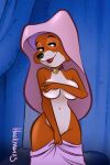  absurd_res anthro artist_name bedroom_eyes breasts canid canine choker covering covering_breasts disney eyebrows eyelashes female fox fur hackman23 headdress hi_res jewelry looking_at_viewer maid_marian mammal narrowed_eyes navel necklace open_mouth robin_hood_(disney) seductive solo 