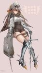  1girl absurdres arknights armored_boots black_cape black_shorts blush boots brown_hair cape fartooth_(arknights) feather_hair full_body gauntlets grey_background highres holding holding_sword holding_weapon kaguura_(kagu) long_hair looking_at_viewer parted_lips shirt shirt_tucked_in shorts simple_background solo sword thigh_strap thighs visor_(armor) visor_lift weapon white_shirt yellow_eyes 