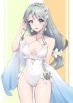  1girl breasts collarbone cowboy_shot earrings flower grey_hair hair_flower hair_ornament highres jewelry kantai_collection kodama_(mmt_uf) long_hair medium_breasts official_alternate_costume open_mouth purple_eyes sagiri_(kancolle) smile solo swimsuit white_flower white_swimsuit 