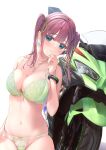  1girl bare_shoulders blue_eyes blush bra bracelet breasts cleavage earrings fujinomiya_reicho green_bra green_panties green_ribbon ground_vehicle hair_ribbon hand_on_own_face highres jewelry kawasaki large_breasts lingerie long_hair looking_at_viewer motor_vehicle motorcycle navel original panties parted_lips purple_hair ribbon simple_background skindentation solo stomach twintails underwear underwear_only vehicle_request white_background 