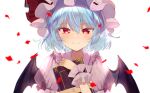  1girl bat_wings blue_hair blush book closed_mouth collared_shirt falling_petals frilled_shirt_collar frills hair_between_eyes hat hat_ribbon highres holding holding_book looking_at_viewer medium_hair mob_cap petals pink_headwear pink_shirt puffy_short_sleeves puffy_sleeves red_eyes red_ribbon remilia_scarlet ribbon shirt short_sleeves simple_background smile solo straight-on touhou tsurime white_background wings wrist_cuffs yuki_(popopo) 