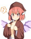  1girl animal_ears areola_slip bird_ears bird_wings blush breasts brown_eyes closed_mouth collarbone dairininn eighth_note head_scarf highres japanese_clothes long_sleeves musical_note mystia_lorelei okamisty one-hour_drawing_challenge panties pink_hair short_hair simple_background small_breasts smile solo spoken_musical_note touhou underwear upper_body white_background white_panties white_wings wide_sleeves wings 