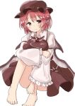  1girl animal_ears ass barefoot bird_ears bird_wings blush brown_dress brown_eyes brown_headwear closed_mouth dress frilled_sleeves frills hair_between_eyes hat long_sleeves mamemochi mystia_lorelei one-hour_drawing_challenge pink_hair short_hair simple_background smile solo touhou white_background white_wings wide_sleeves winged_hat wings 