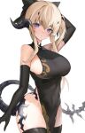  1girl absurdres arm_up au_ra avatar_(ff14) bare_shoulders black_dress black_gloves black_thighhighs blonde_hair blue_eyes bow breasts china_dress chinese_clothes closed_mouth covered_navel cowboy_shot cyobiro dragon_girl dragon_horns dragon_tail dress elbow_gloves final_fantasy final_fantasy_xiv gloves hair_bow highres horns large_breasts long_hair looking_at_viewer no_panties pelvic_curtain side_ponytail sidelocks simple_background sleeveless sleeveless_dress solo standing tail thighhighs thighs white_background 