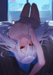  1girl :o absurdres arm_up armpits bangs bed beijuu blue_bow blush bow breasts building city collarbone commentary dark dress girls&#039;_frontline glass_door grey_hair hair_bow highres indoors knees_up long_hair looking_at_viewer lying on_back on_bed parted_lips rain red_eyes small_breasts solo spaghetti_strap strap_slip tokarev_(girls&#039;_frontline) twitter_username upside-down window 