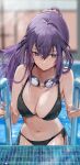  1girl absurdres asahina_mafuyu bikini black_bikini blue_eyes blurry blurry_background blush breasts cleavage closed_mouth collarbone commentary goggles goggles_around_neck hair_between_eyes hair_ornament hair_scrunchie highres long_hair medium_breasts navel pool pool_ladder project_sekai purple_hair scrunchie side-tie_bikini solo swimsuit tomura2maru wet 