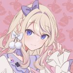  1girl bangs blue_bow blue_eyes bow braid chabo_(x_xhauntedx_x) choker hair_bow hair_intakes indie_virtual_youtuber light_brown_hair long_hair long_sleeves misumi_no_harawata multicolored_ribbon nail_polish pink_background pink_nails pom_pom_(clothes) portrait ribbon sleeves_past_wrists solo virtual_youtuber watagashi_unou white_bow 