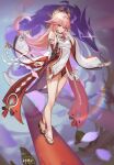  1girl absurdres animal_ears anklet bare_legs bare_shoulders breasts commentary_request detached_sleeves fox_ears fox_girl fox_tail full_body genshin_impact god_hunter gohei hair_between_eyes hair_ornament high_heels highres holding holding_staff japanese_clothes jewelry legs long_hair long_legs pink_hair purple_eyes revision sandals sideboob smile staff tail toes wide_sleeves yae_miko 