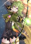  1girl absurdres bow cape collei_(genshin_impact) detached_sleeves dress genshin_impact gloves green_hair hair_ornament highres holding jewelry long_hair long_sleeves musanix purple_eyes simple_background solo thighs vision_(genshin_impact) 