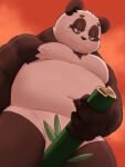  2022 anthro bamboo belly big_belly black_body black_nose blue_eyes convenient_censorship giant_panda humanoid_hands kemono male mammal meg_hoi moobs navel nipples overweight overweight_male solo ursid white_body 