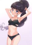  1girl absurdres akajiyuuki armpits bangs bikini black_bikini black_hair blue_eyes blunt_bangs breasts cowboy_shot delicious_party_precure gradient gradient_background highres kasai_amane long_hair looking_at_viewer navel ponytail precure small_breasts solo standing swimsuit white_background 