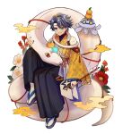  1boy absurdres animal_on_shoulder aqua_eyes arrow_(projectile) astel_leda black_hakama blonde_hair blue_hair blue_nails curtained_hair detached_sleeves earrings egasumi ema flower food food_on_head fruit fruit_on_head full_body hakama hakama_pants hakamii hamaya highres holding holding_arrow holostars japanese_clothes jewelry kimono looking_at_animal male_focus mandarin_orange multicolored_hair object_on_head okobo pants poruneu red_flower rope scales shimenawa short_hair simple_background single_earring sleeveless sleeveless_kimono smile snake solo streaked_hair tabi virtual_youtuber white_background white_flower yellow_kimono 