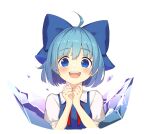  1girl :d ahoge blue_bow blue_eyes blue_hair bow cirno cropped_torso hair_bow happy ice looking_at_viewer open_mouth quasar631 short_hair short_sleeves smile solo touhou upper_body 