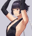  1girl ao_banana armpits arms_up bangs black_eyes black_gloves black_hair black_kimono bleach blunt_bangs breasts clenched_teeth collarbone commentary elbow_gloves from_side gloves grey_background hair_intakes highres japanese_clothes kimono scowl short_hair_with_long_locks sideboob sideless_outfit simple_background sleeveless sleeveless_kimono small_breasts solo sui-feng sweat teeth twintails upper_body v-shaped_eyebrows 