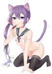  1girl absurdres akebono_(kancolle) akebono_kai_ni_(kancolle) all_fours animal_ears bell bikini black_thighhighs cat_ears cat_tail detached_collar extra_ears flat_chest flower grey_sailor_collar hair_bell hair_flower hair_ornament highres jingle_bell kantai_collection long_hair micro_bikini purple_eyes purple_hair sailor_collar side_ponytail simple_background solo swimsuit tail thighhighs tongue tongue_out untied untied_bikini very_long_hair white_background white_bikini yuuzaki 