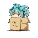  1girl aqua_hair bangs blue_bow blush bow box cardboard_box chibi cinnamiku hair_bow hatsune_miku hatsuzuki_527 in_box in_container no_mouth simple_background solid_oval_eyes solo updo vocaloid voiceroid white_background 