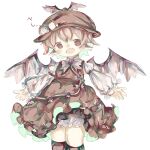  1girl animal animal_ears bird bird_ears bird_wings bloomers blush brown_dress brown_headwear brown_socks chigu dress fang feet_out_of_frame frilled_dress frilled_sleeves frills hat highres kneehighs long_sleeves mystia_lorelei open_mouth pink_eyes pink_hair short_hair simple_background skin_fang smile socks solo sparrow touhou underwear white_background white_bloomers white_wings winged_hat wings 