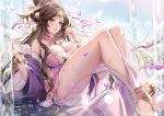  1girl breasts brown_hair bug butterfly cain_art811 flower highres jewelry large_breasts original parted_hair pink_eyes sky tagme water wet 