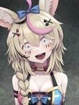  1girl animal_ear_fluff animal_ears black_hair blonde_hair bow bowtie braid breasts cleavage club_(shape) commentary constricted_pupils crazy_eyes crazy_smile english_commentary fox_ears fox_girl hair_bow head_tilt heart highres hololive izu_(tea_value_lord) large_breasts multicolored_hair omaru_polka open_mouth pink_hair purple_eyes runny_makeup side_braid smile solo spade_(shape) upper_body virtual_youtuber 