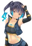  1girl blue_hair brown_hair chest_jewel fiery_hair glowing_lines highres nanase_nao navel sena_(xenoblade) short_shorts shorts shoulder_strap side_ponytail simple_background solo sports_bra white_background xenoblade_chronicles_(series) xenoblade_chronicles_3 