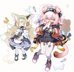  2girls ^_^ amiya_(arknights) animal_ears arknights baiwei_er_hao_ji bare_shoulders black_bow black_bracelet black_footwear black_gloves black_hairband black_skirt blonde_hair blue_bow blue_hairband bow braid cat_ears cat_girl cat_tail character_doll closed_eyes crying dress earpiece fang floppy_ears fox_ears fox_girl fox_tail full_body garter_straps gloves goldenglow_(arknights) hair_bow hairband id_card infection_monitor_(arknights) kitsune laughing lightning_bolt_print long_hair multicolored_hair multiple_girls open_mouth oripathy_lesion_(arknights) own_hands_together pantyhose pink_footwear pink_hair print_hairband purple_dress shaded_face shirt shoes simple_background single_glove single_wrist_cuff skirt standing streaked_hair stuffed_animal stuffed_bunny stuffed_toy suzuran_(arknights) tail thighhighs two-tone_dress white_background white_dress white_pantyhose white_shirt white_thighhighs white_wrist_cuffs wrist_cuffs 
