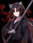  1girl absurdres animal_ears arknights bangs black_background black_hair black_kimono blood blood_on_clothes blood_splatter closed_mouth e_nnihql frown highres holding holding_polearm holding_weapon japanese_clothes kimono long_hair long_sleeves looking_at_viewer parted_bangs polearm saga_(arknights) solo split_mouth upper_body weapon wide_sleeves yellow_eyes 