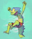  2019 anthro blue_body blue_scales clothed clothing edtropolis green_body green_scales jumping open_mouth raised_arms red_clothing red_swimming_trunks red_swimwear reptile scales scalie smile swimming_trunks swimwear zarland_rex 