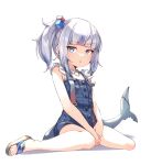  1girl bangs bare_legs between_legs blue_dress blue_eyes blue_hair blue_nails blunt_bangs blush dress english_commentary eyelashes feet fish_tail frilled_shirt frills full_body gawr_gura grey_hair hair_ornament hand_between_legs hand_up highres hololive legs looking_at_viewer medium_hair multicolored_hair nail_polish official_alternate_costume ok_sign open_mouth sandals shadow shark_girl shark_tail sharp_teeth shiny shiny_hair shirt side_ponytail sidelocks simple_background sitting sleeveless sleeveless_dress smile solo streaked_hair tail teeth thighs toenail_polish toenails toes upper_teeth valefal_coneri virtual_youtuber wariza white_background white_shirt 