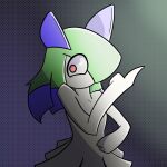  2022 2_fingers female fingers gesture gradient_background green_hair grey_background hair hand_on_hip highlights_(coloring) humanoid kirlia looking_away malegardevoir medium_hair mouthless nintendo not_furry pointing pok&eacute;mon pok&eacute;mon_(species) purple_highlights red_eyes simple_background solo video_games 