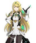  1girl armor armored_dress black_leggings blonde_hair breasts dress ememtrp finger_gun gem gloves highres large_breasts leggings long_hair mythra_(massive_melee)_(xenoblade) mythra_(xenoblade) pale_skin pointing simple_background smile sparkle white_background white_dress xenoblade_chronicles_(series) xenoblade_chronicles_2 yellow_eyes 