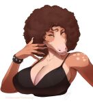  2022 5_fingers afro anthro bare_shoulders bracelet breasts brown_hair clothed clothing digital_media_(artwork) eyebrows eyelashes female fingers gat hair hi_res jewelry non-mammal_breasts orange_eyes scalie signature smile spiked_bracelet spikes teeth text url vexstacy 