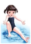  1girl barefoot black_hair blue_swimsuit brown_eyes child cock_robin feet female_child knee_up legs legs_apart one-piece_swimsuit open_mouth original outstretched_arms school_swimsuit short_hair short_twintails sitting smile soles solo swimsuit thighs toes twintails water 