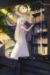  1girl absurdres analog_clock aqua_eyes artist_name bangs book book_stack bookshelf clock commentary dated dress english_commentary highres holding holding_book inaeda_kei long_hair looking_at_viewer original outstretched_arm plant shadow sleeveless sleeveless_dress solo star_(symbol) white_dress white_hair 