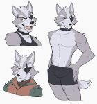  anthro canid canine clothed clothing collar eye_patch eyewear fur grey_body grey_fur hi_res jacket jrjresq male mammal nintendo partially_clothed red_eyes simple_background star_fox topwear underwear video_games white_background wolf_o&#039;donnell 