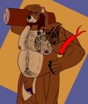  2022 anthro balls bandanna beard beard_ponytail belly big_belly big_muscles blind_eye body_hair brown_body chest_tattoo claws colored digital_drawing_(artwork) digital_media_(artwork) dreadlocks ear_piercing eye_scar facial_hair facial_scar flaccid flat_colors fluffy fur gem genitals grin hair hand_on_hip happy_trail henryfda hi_res holding_(disambiguation) holding_object humanoid_genitalia humanoid_penis jewelry kerchief line_art looking_at_viewer male mammal multicolored_body multicolored_fur musclegut muscular muscular_anthro muscular_male nipples nude overweight overweight_male pawpads pecs penis piercing purple_penis scar simple_background slightly_chubby smile smirk solo tattoo text thick_thighs tribal tribal_tattoo url ursid ursine wood wood_log 