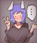  ... 1girl :3 animal_ears bangs black_shirt blush breasts closed_mouth commentary_request cookie_(touhou) fake_hisui_(cookie) grey_background highres huge_breasts looking_at_viewer madore rabbit_ears reisen_udongein_inaba shirt short_hair simple_background solid_circle_eyes solo spoken_ellipsis touhou upper_body v 