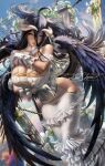  1girl albedo_(overlord) banned_artist black_feathers black_wings breasts chain cleavage demon_girl demon_horns demon_wings dress feathered_wings feathers flower horns large_breasts low_wings overlord_(maruyama) sakimichan slit_pupils white_dress white_horns wings 