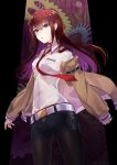  1girl belt black_shorts blue_eyes breasts gears highres jacket kachin legwear_under_shorts long_hair looking_at_viewer loose_necktie makise_kurisu multicolored_hair necktie pantyhose parted_lips red_hair red_necktie shirt shirt_tucked_in shorts solo steins;gate two-tone_hair white_belt 