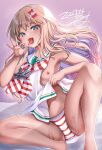  anchor_ornament artist_request blonde_hair clothes_lift dated dress dress_lift fellatio_gesture flat_chest grecale_(kancolle) green_eyes highres kantai_collection long_hair navel nipples panties pantyshot striped striped_panties tan tongue tongue_out underwear 