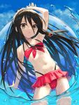  1girl alastor_(shakugan_no_shana) bare_shoulders bikini black_hair brown_eyes day flat_chest frilled_bikini frills highres innertube long_hair looking_at_viewer navel ocean ohlia outdoors red_bikini shakugan_no_shana shana solo stomach swimsuit very_long_hair wading 