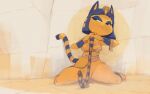  2021 animal_crossing ankha_(animal_crossing) anthro biped blue_hair breasts convenient_censorship domestic_cat edtropolis felid feline felis fur hair kneeling mammal nintendo simple_background solo staff video_games yellow_body yellow_fur 