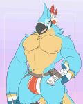  2022 abs absurd_res anthro avian beak big_muscles bird breath_of_the_wild buckle bulge clothing feathers grey_background hi_res holding_object jockstrap kass_(tloz) looking_at_viewer male muscular muscular_anthro muscular_male navel nintendo nipples non-mammal_nipples obliques open_mouth open_smile pecs pouch_(clothing) rito scroll simple_background smile solo standing the_legend_of_zelda thick_thighs tongue tuft underwear unrealrui video_games 