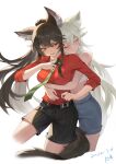  2girls absurdres alternate_costume animal_ear_fluff animal_ears arknights bandeau bare_shoulders belt black_hair black_shorts blush closed_eyes closed_mouth collared_shirt cropped_legs dated gloves green_necktie grey_shorts highres hug hug_from_behind lappland_(arknights) long_hair long_sleeves multiple_girls necktie official_alternate_costume open_mouth ponytail red_eyes red_shirt shirt shorts signature simple_background smile striped striped_shorts sweatdrop tail texas_(arknights) texas_(willpower)_(arknights) twigy_(2416427243) vertical-striped_shorts vertical_stripes very_long_hair white_background white_gloves wolf_ears wolf_girl wolf_tail yuri 