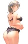  1girl ass bangs bare_shoulders black_bra black_panties blush bra breasts brown_eyes earrings grey_hair highres jewelry looking_at_viewer looking_back medium_breasts medium_hair otsukemono panties simple_background solo thighs underwear white_background 