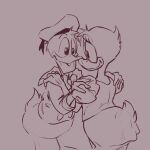 2022 absurd_res anatid anseriform anthro avian bird clothed clothing daisy_duck deadfish32 digital_media_(artwork) disney donald_duck duck duo embrace eye_contact female happy hi_res hug looking_at_another male partially_clothed romantic romantic_couple simple_background sketch smile 