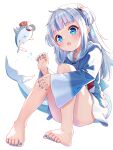 1girl 1other absurdres animal_hood bangs bare_legs barefoot bloop_(gawr_gura) blue_eyes blue_hair blue_hoodie blue_nails blunt_bangs blush collarbone convenient_leg feet fish_tail gawr_gura grey_hair hair_ornament hand_up highres hololive hololive_english hood hoodie legs long_hair long_sleeves multicolored_hair nail_polish open_mouth oversized_clothes panties panty_peek paw_pose shark_girl shark_hair_ornament shark_hood shark_tail sharp_teeth shinno sidelocks simple_background sleeves_past_wrists streaked_hair tail teeth thighs toe_scrunch toenail_polish toenails toes two_side_up underwear upper_teeth virtual_youtuber white_background white_panties wide_sleeves 