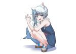  1girl :d absurdres animal_ear_fluff animal_ears bangs bare_legs blue_dress blue_eyes blue_hair blue_nails blunt_bangs blush cat_ears dress english_commentary feet fish_tail frilled_shirt frills full_body gawr_gura grey_hair hair_ornament hand_up highres hololive legs looking_at_viewer multicolored_hair nail_polish official_alternate_costume ok_sign open_mouth sandals shadow shark_girl shark_tail sharp_teeth shirt side_ponytail sidelocks simple_background sleeveless sleeveless_dress smile solo squatting streaked_hair tail teeth thighs toenail_polish toenails toes upper_teeth valefal_coneri virtual_youtuber white_background white_shirt 