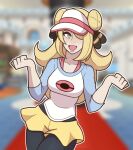  1girl :d black_pantyhose blonde_hair blurry blurry_background bra_strap breasts cianuro cosplay cowboy_shot cynthia_(pokemon) double_bun grey_eyes hair_bun hair_ornament hair_over_one_eye highres legwear_under_shorts long_hair outline pantyhose pokemon pokemon_(game) pokemon_bw2 pokemon_dppt pokemon_masters_ex raglan_sleeves rosa_(pokemon) rosa_(pokemon)_(cosplay) short_shorts shorts smile solo visor_cap white_outline yellow_shorts 