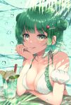  1girl :q alpha_(yukai_na_nakamatachi) bangs bare_shoulders bikini breasts cleavage collarbone cup double_bun drinking_glass drinking_straw food frilled_bikini frilled_swimsuit frills fruit gradient_eyes green_eyes green_hair green_nails hair_bun hair_ornament hairclip head_rest highres large_breasts looking_at_viewer multicolored_eyes nail_polish original paid_reward_available short_hair sidelocks signature solo swimsuit tongue tongue_out two-tone_bikini two-tone_swimsuit underwater upper_body water_drop wet white_bikini white_swimsuit yellow_eyes 
