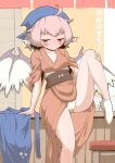  1girl ahoge animal_ears bird_ears bird_wings blush breasts cleavage closed_mouth collarbone head_scarf japanese_clothes mystia_lorelei obi okamisty panties pink_eyes pink_hair sash short_hair smile socks solo touhou underwear white_panties white_socks white_wings wings zannen_na_hito 